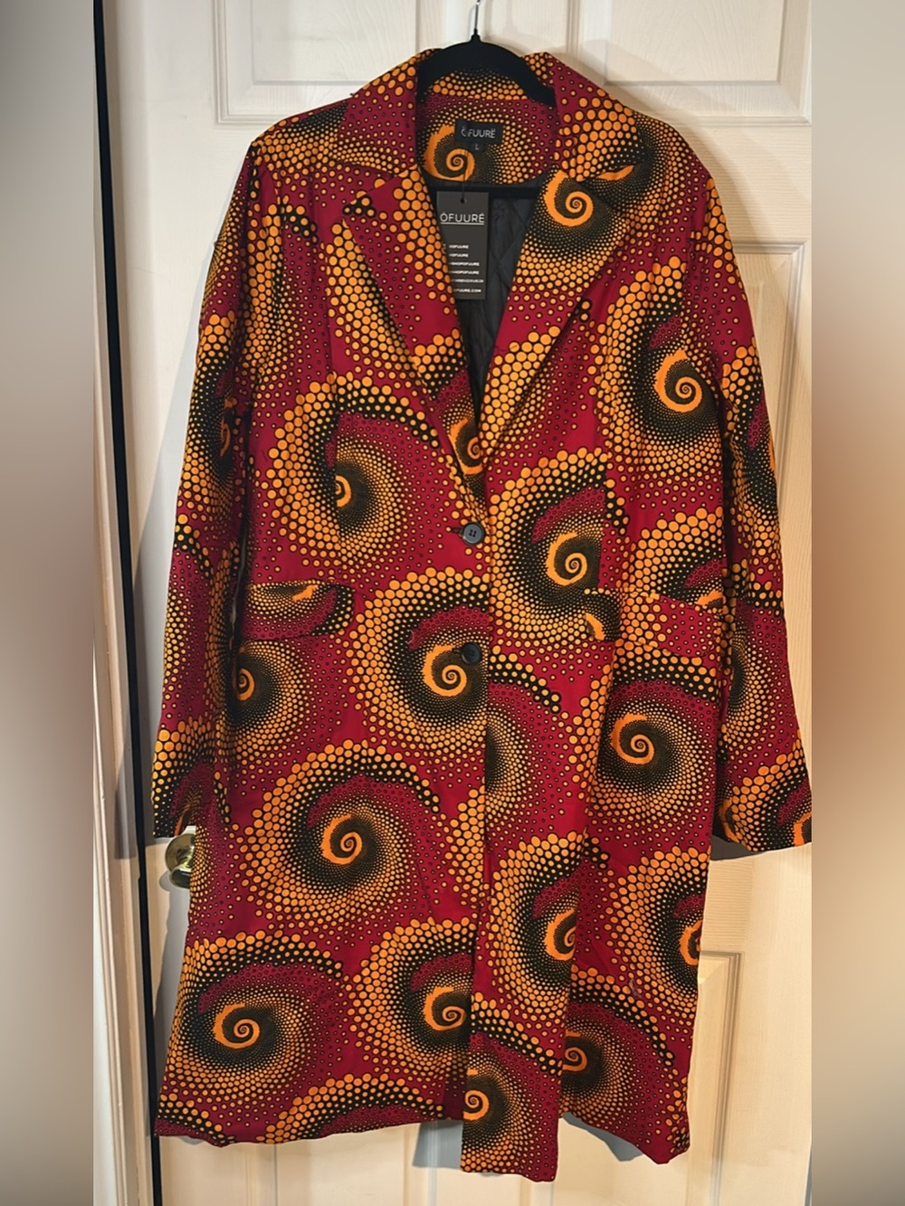 NWT OFUURE Women's Red and Yellow Swirl Print Trench Coat